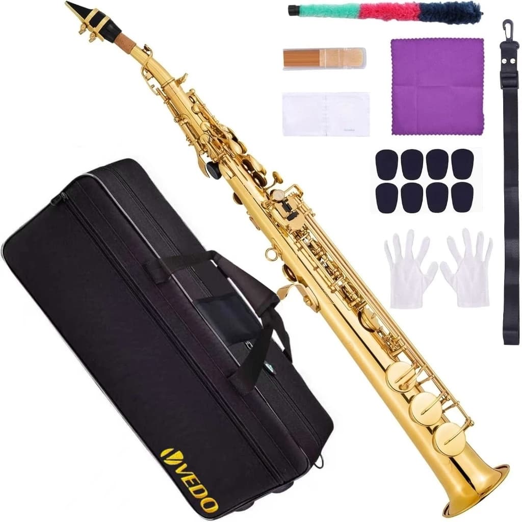 Saxofone soprano VEDO em Si bemol, modelo de tubo reto, ideal para iniciantes e músicos de nível intermediário, com male