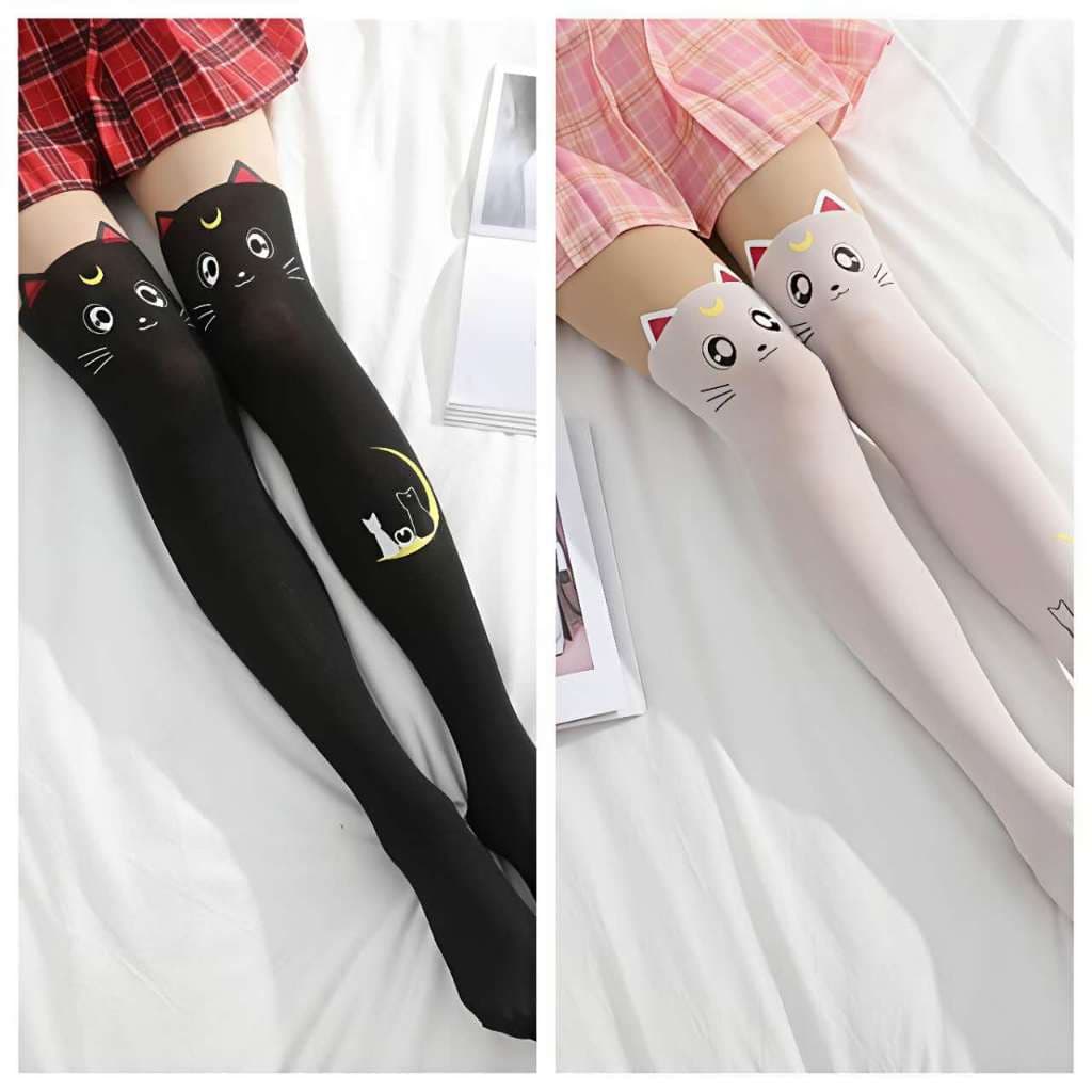 Meia-Calça Feminina Fofa JK Estilo Anime Sailor Moon Gatinho Luna Cosplay Lolita Kawai Tamanho Único