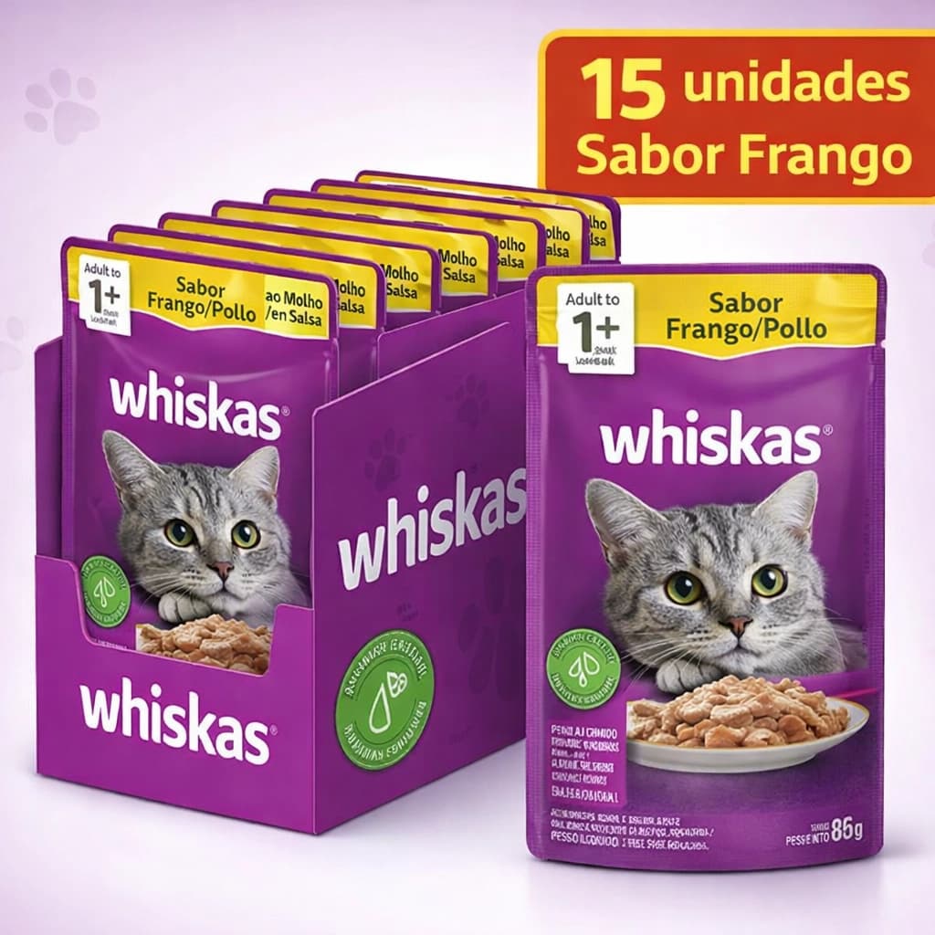Ração Úmida Whiskas Sachê Frango ao Molho 85g Kit 15un Gato Adulto Original