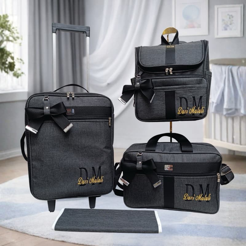 kit de bolsa de maternidade com mala de rodinha, mochila, bolsa de ombro preto com faixa preta