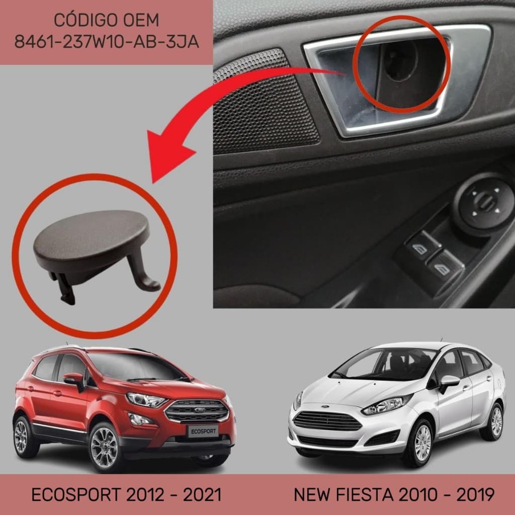 Tampa do Parafuso Maçaneta Interna da Porta Carro Ford Ecosport 2012 a 2021 e New Fiesta 2010 a 2019