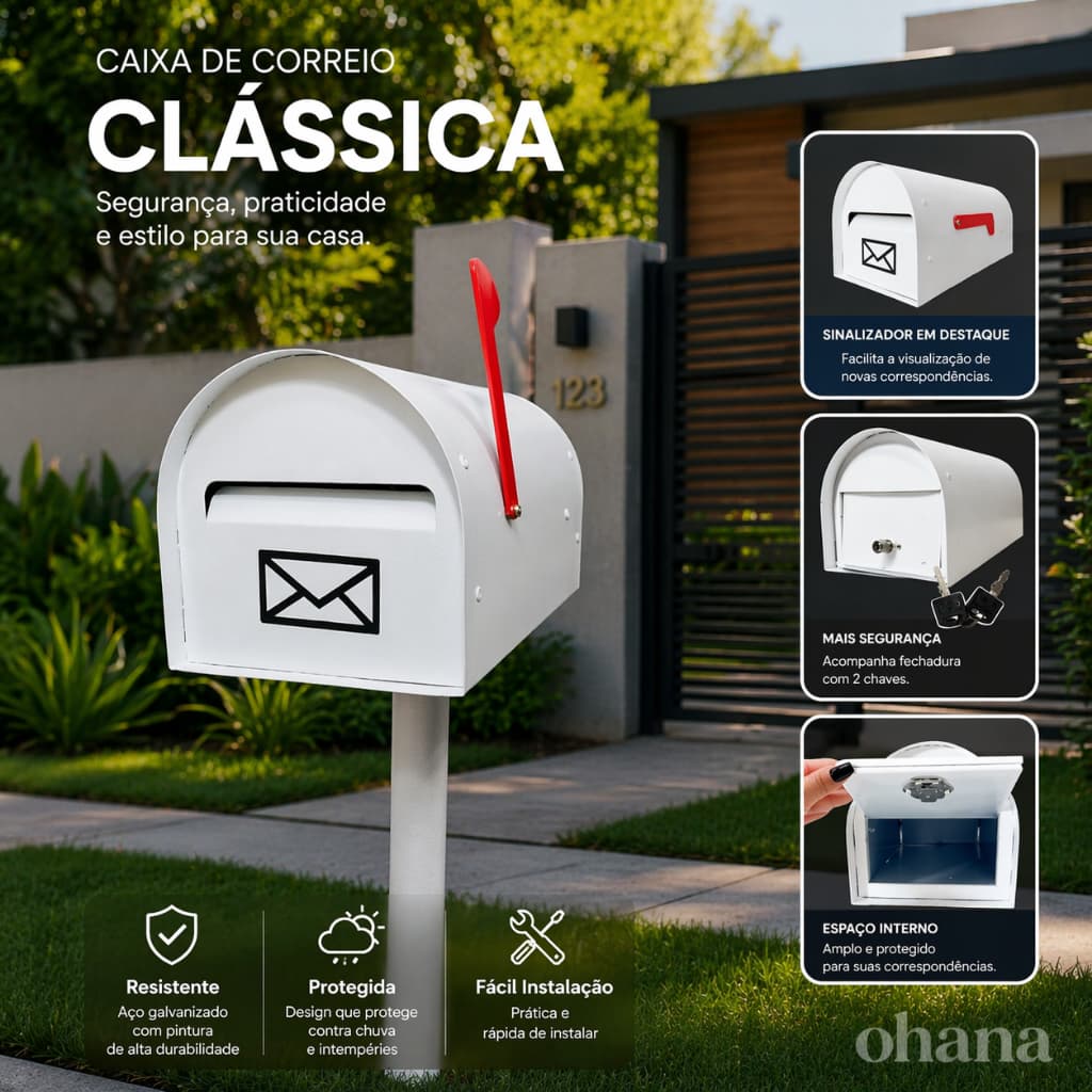 Caixa de Correio Americana Clássica com Pedestal Telescópico e Chave p/ Condomínio Elegante [Ohana]