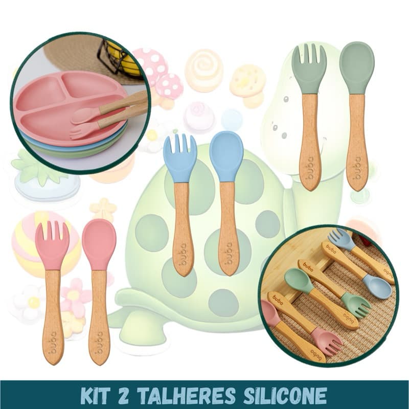Kit 2 talheres infantil Colher e garfo em silicone com cabo de madeiraBuba bebe introdução alimentar