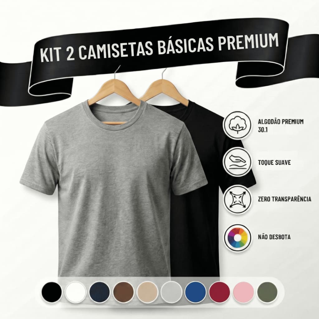 Kit 2 Camisetas Masculina Algodão Preta e Cinza Premium Básicas Gola Redonda Tribo
