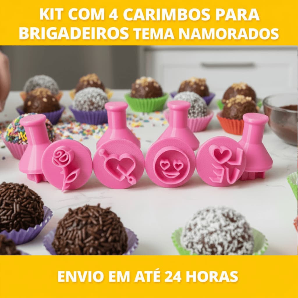 Kit com 4 Carimbos de Brigadeiros Tema Namorados em PLA Premium Ecológico
