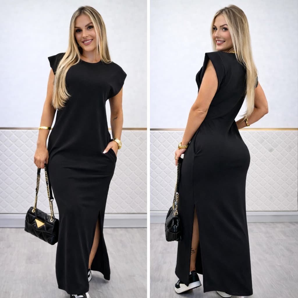 Vestido Longo Manga Muscletee Feminino Estiloso Ombreira Com Fendas Nas Laterales Bolso Basic Ribana