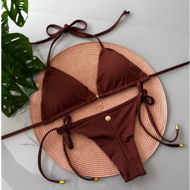 Biquíni Feminino Marrom Cortininha Luxo Sensual Confortável Verão Blogueira