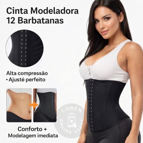 Cinta Modeladora Feminina 12 Barbatanas Redutora de Medidas Afina Cintura