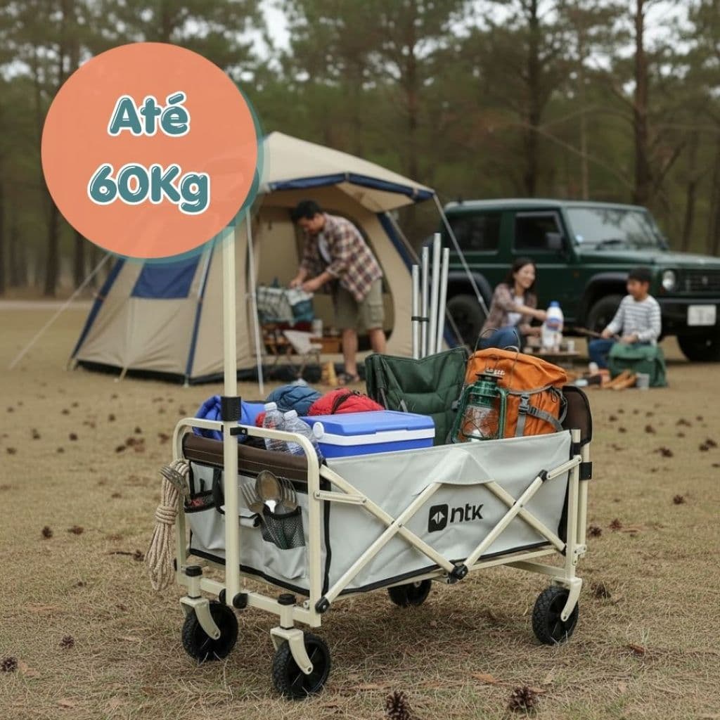 Carrinho Dobrável 60kg Aço Nautika Tecido Picnic Camping Praia Compacto Bege Transporte Férias