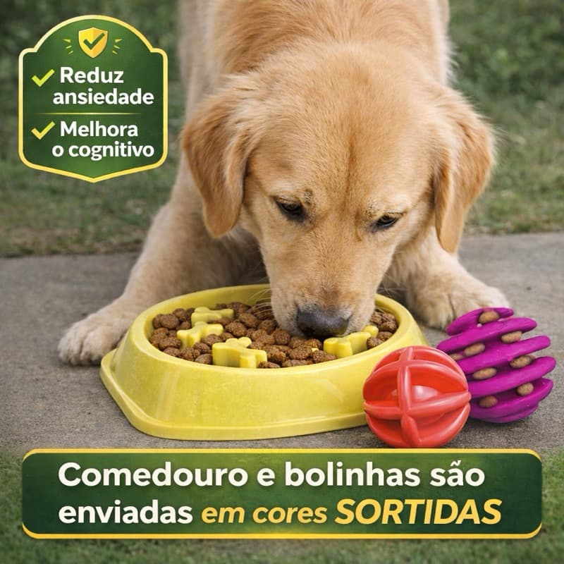 Kit Alimentação para Cachorros Médios e Grandes | Comedouro Lento + 2 Bolas Petisco Resistentes