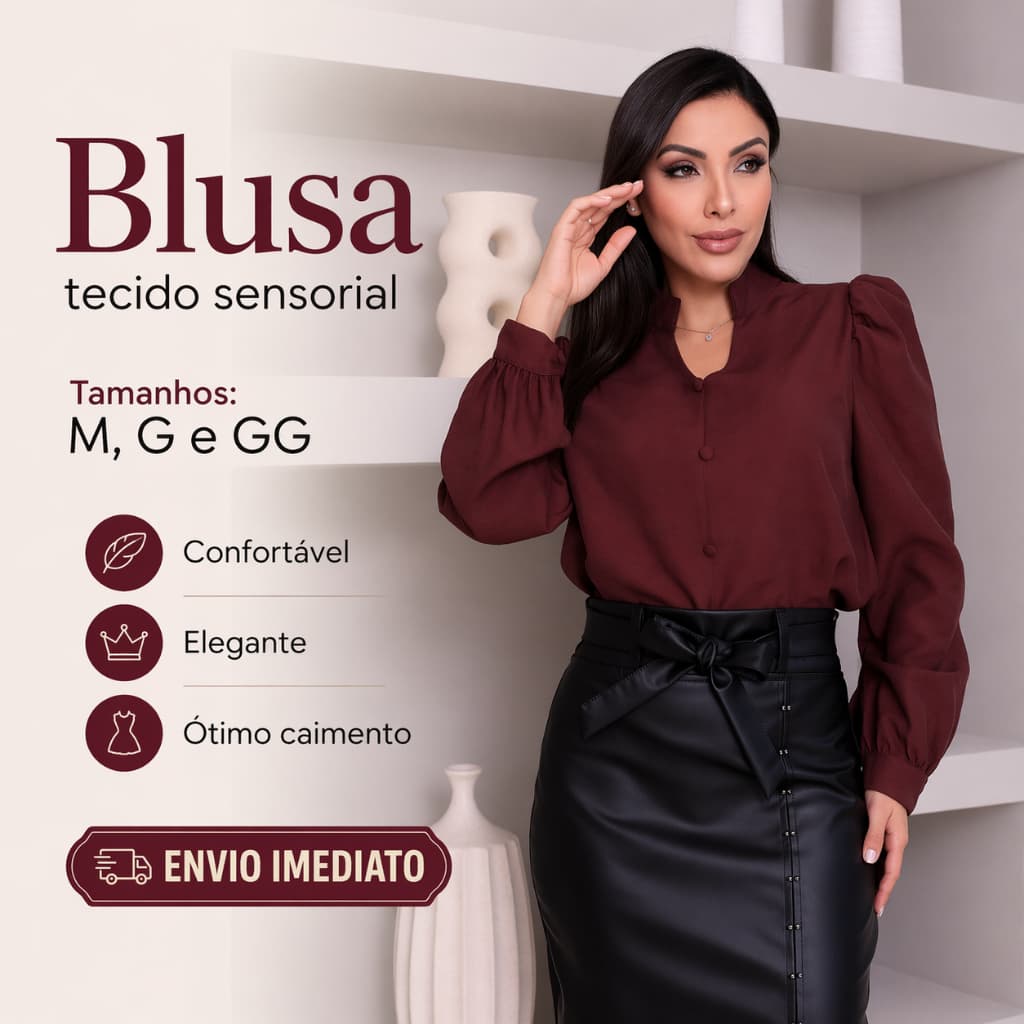 Blusa Feminina Tecido Sensorial Manga Longa Elegante Social Tam M G GG Envio Imediato