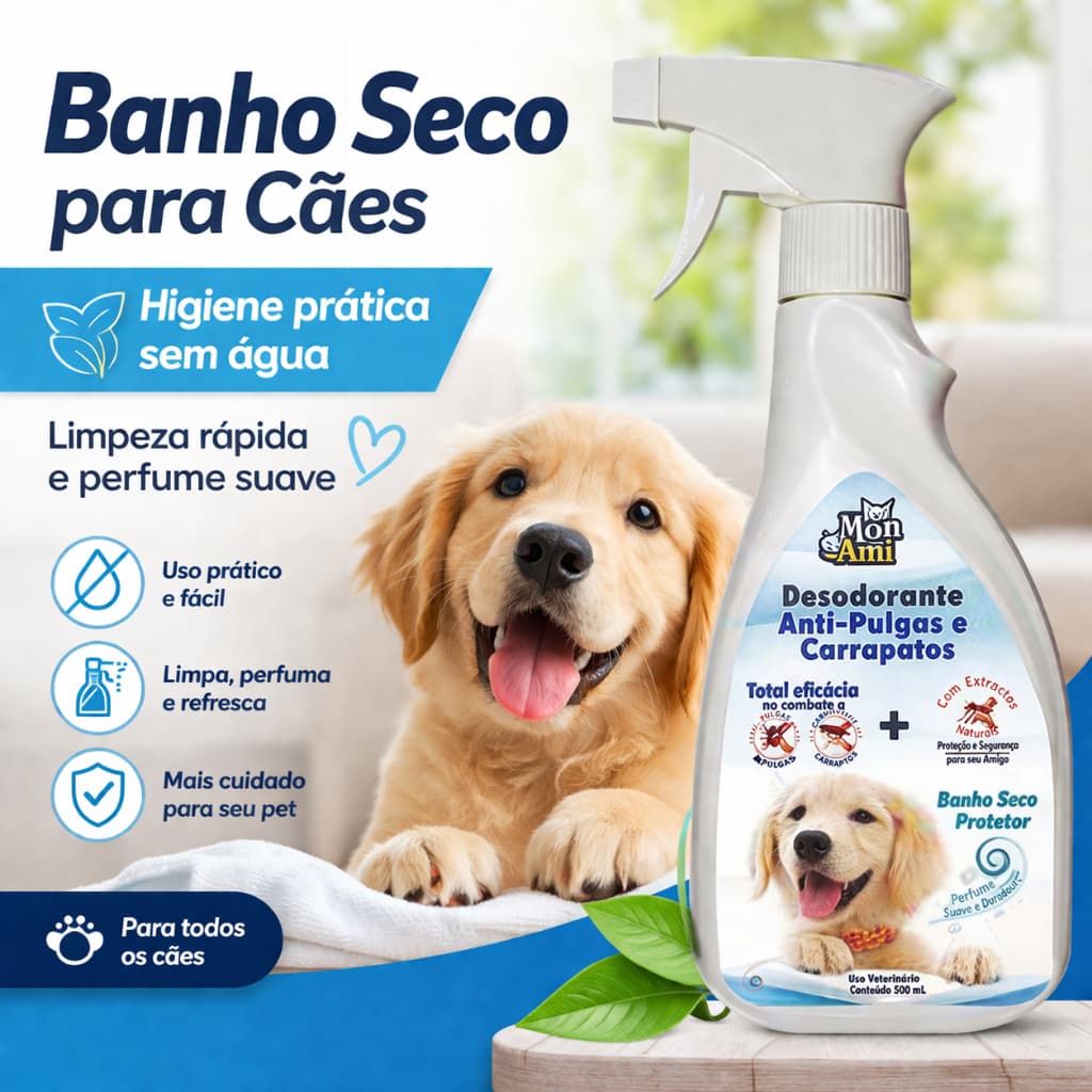 Desodorante Banho Seco MonAmi para Cães – Higiene Prática, Limpeza a Seco e Perfume Duradouro