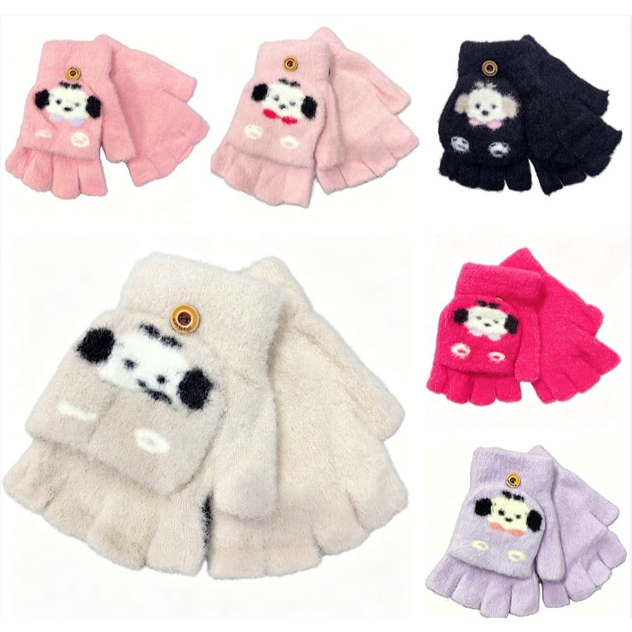 Luvas de tricô de meio dedo com estampa de panda em tom off-white, luvas fofas e quentinhas, unissex.