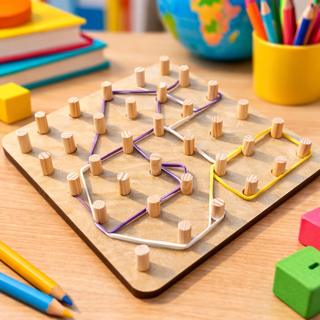 Geoplano de Madeira com 36 Pinos e Elásticos Coloridos brinquedo educativo infantil