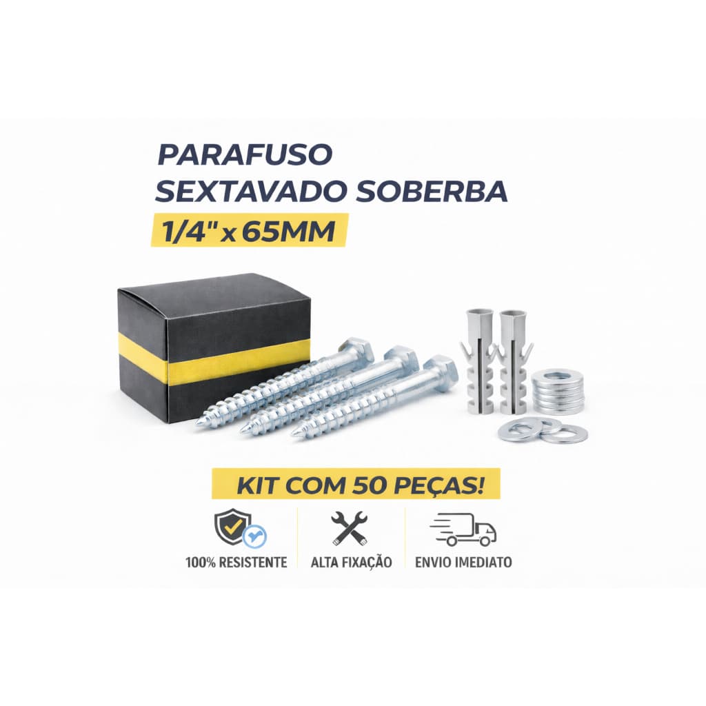 Kit 50 Parafuso Sextavado 1/4x65 + Bucha 10mm + Arruela | Fixação Concreto Parede