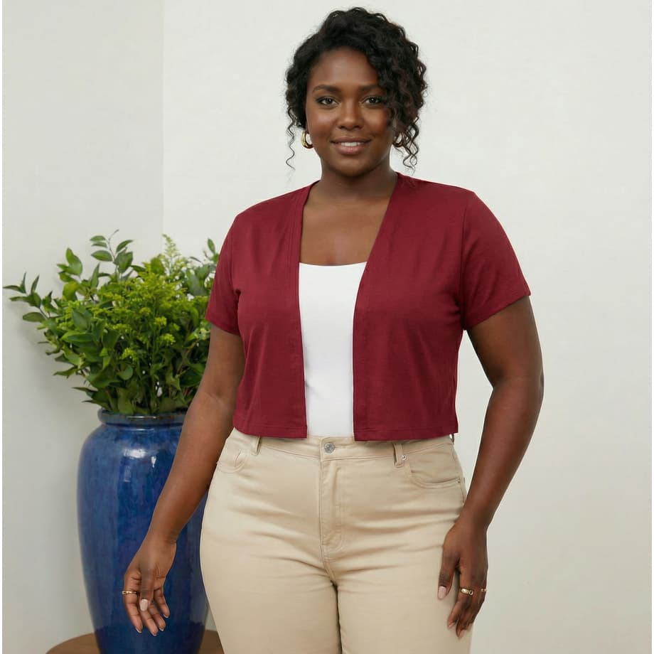 Bolero Curto Cardigan Cropped Manga Curta Plus Size Malha Viscolycra
