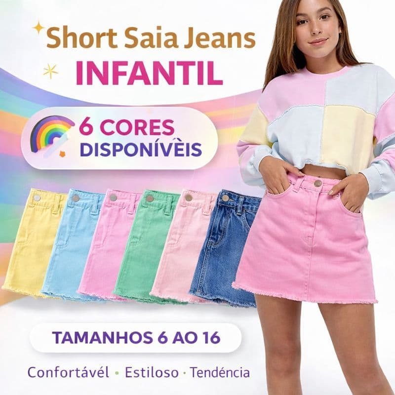 Short Saia Infantil Menina Brim Jeans Blogueirinha Moda Verão 6 Cores Candy Barra Desfiada Fashion 2026  Tam 4 ao 16