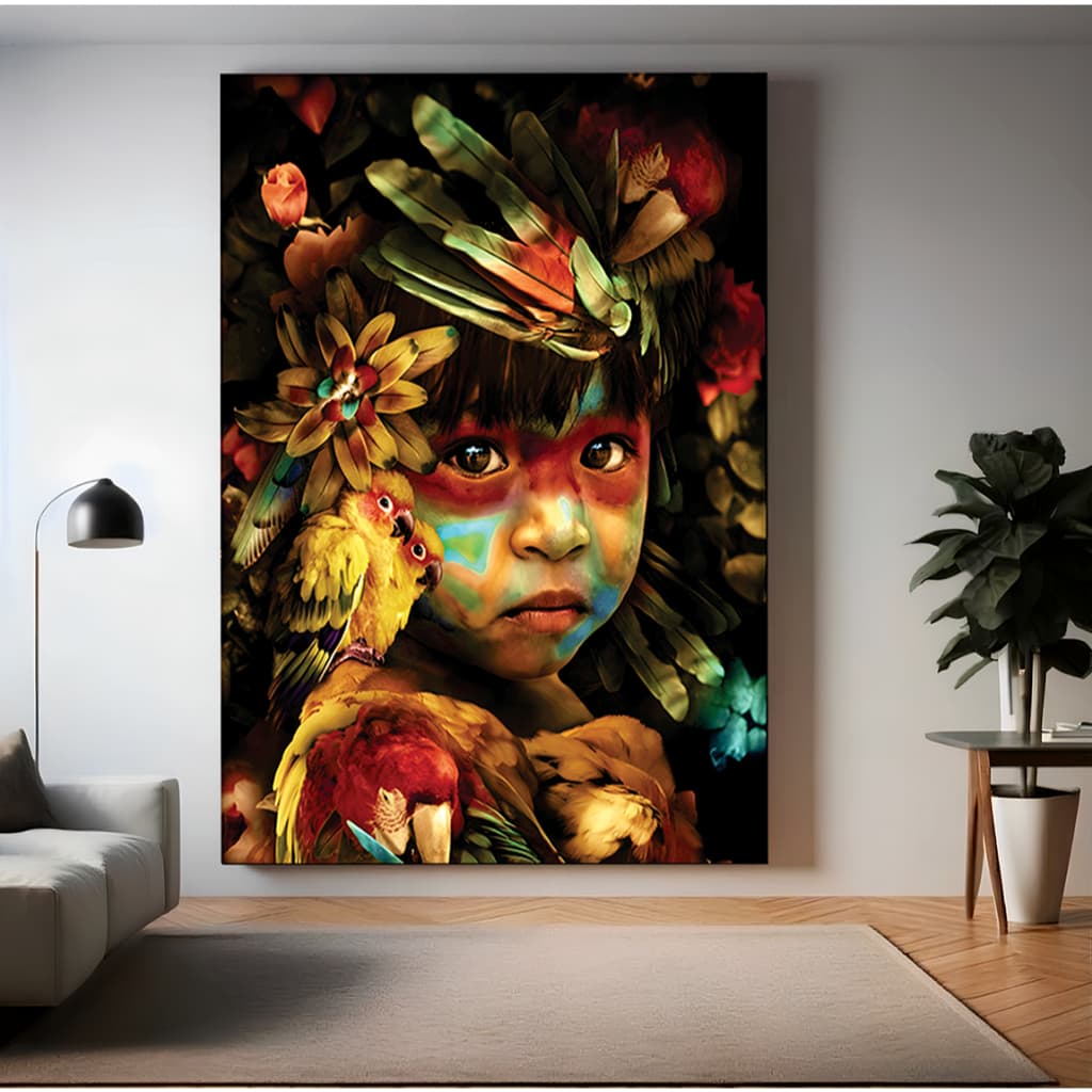Quadro Decorativo Menino Indígena Lindo Arte Naturalista Para Sala Quarto Cozinha Hall