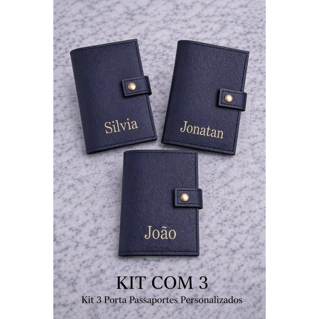 Kit 3 Porta Passaporte Personalizadona cor preto com Nome Bordado
