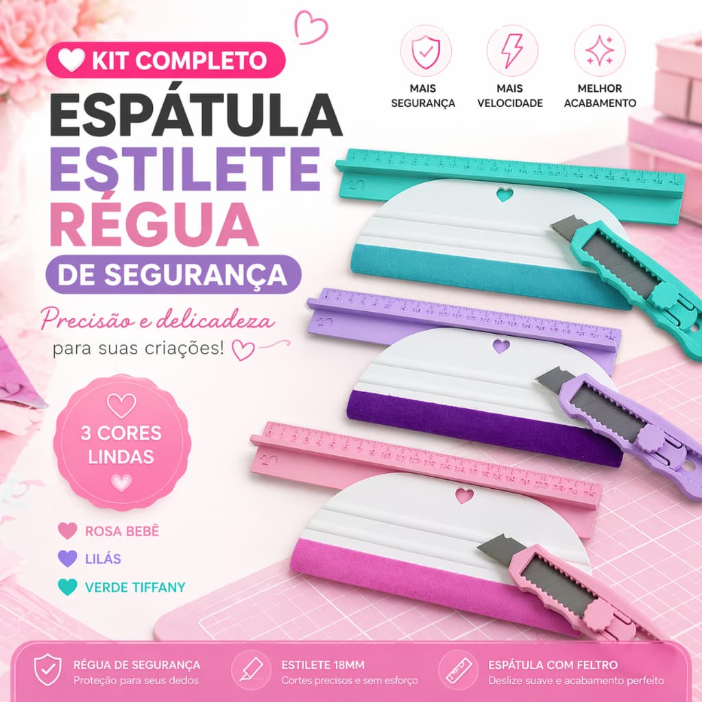 Kit Espátula + Estilete + Régua de Proteção Papelaria Personalização Lâminação Cartonagem Artesanato