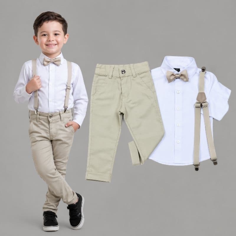 Roupa Conjunto Infantil Camisa Manga Longa Calça Suspensório Gravata Menino  Batizado Casamento
