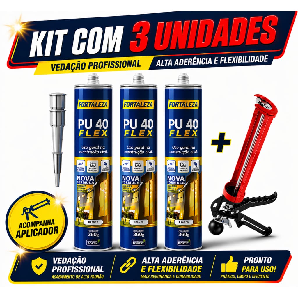 Kit  3 Cola PU40 +1  Aplicador Reforçado Branco Cinza Preto Pedras Vidros Metais Placas 3D Madeira