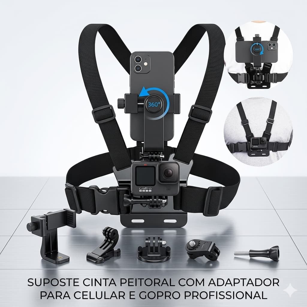 Suporte Peitoral Ajustável para Celular e Câmeras de Ação – Mãos Livres e Máxima Estabilidade
