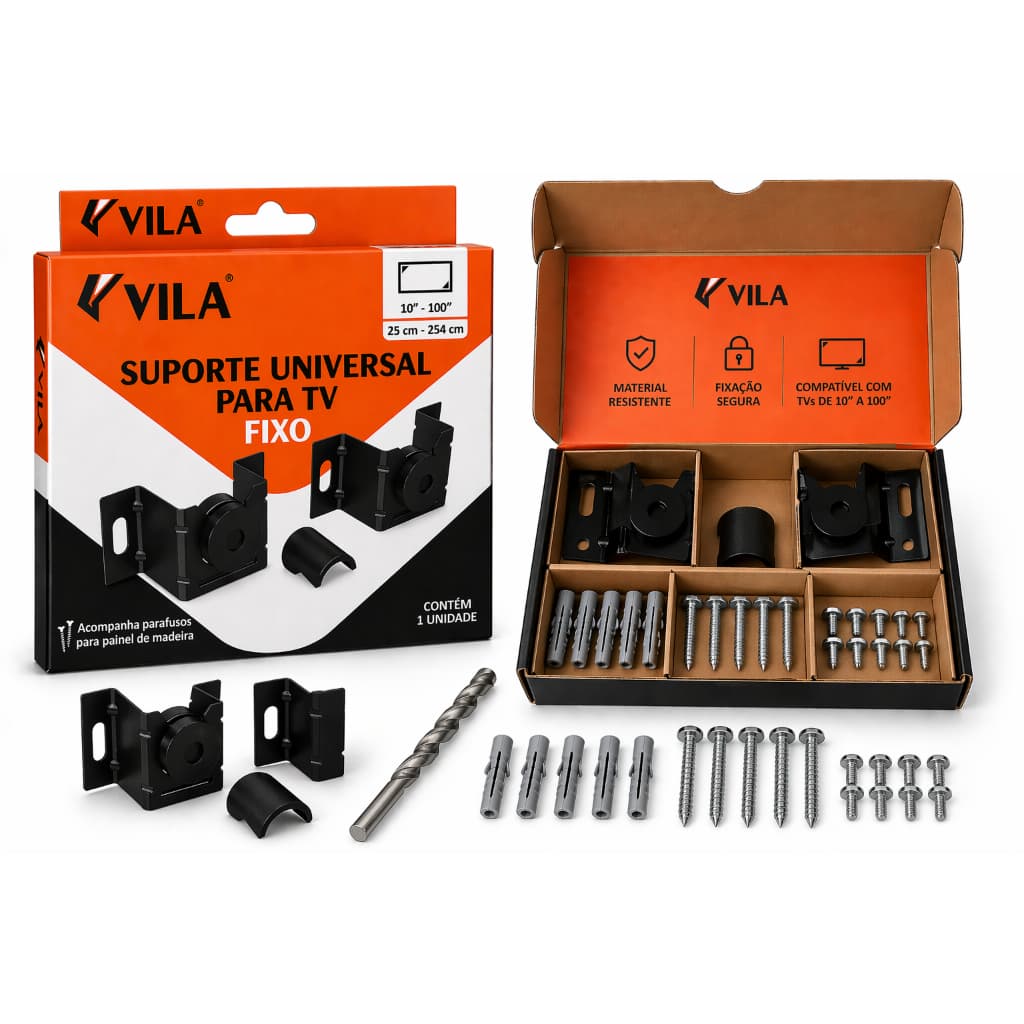 Suporte Universal Para TV Fixo + Kit Completo com Broca 8mm (Instalação Fácil)