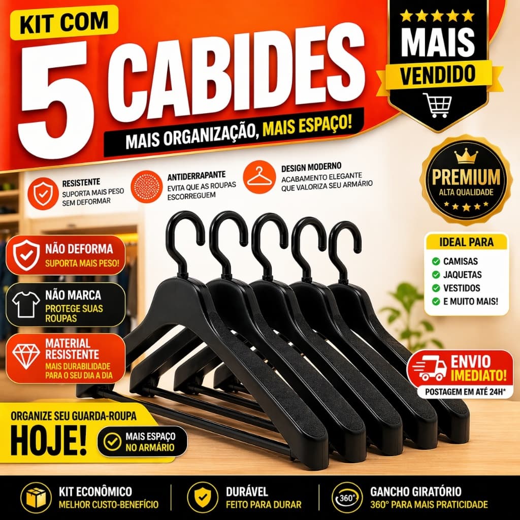 Cabide Reforçado Kit 5 Unidades 45cm Ombro Largo para Terno Blazer Casaco Social