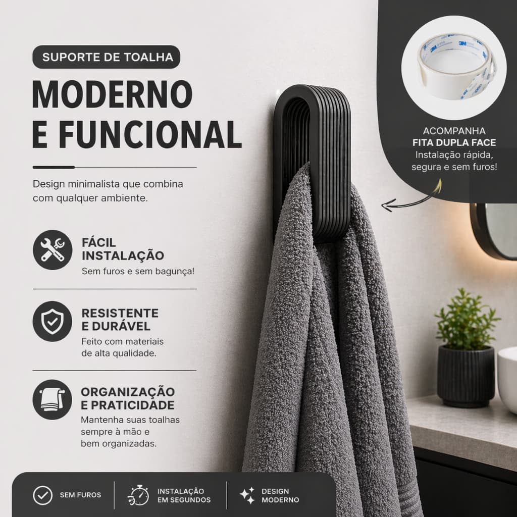 Kit Suporte Porta Toalha Banheiro Gancho Para Toalha De Rosto e Toalha De Banho Fixação Fácil