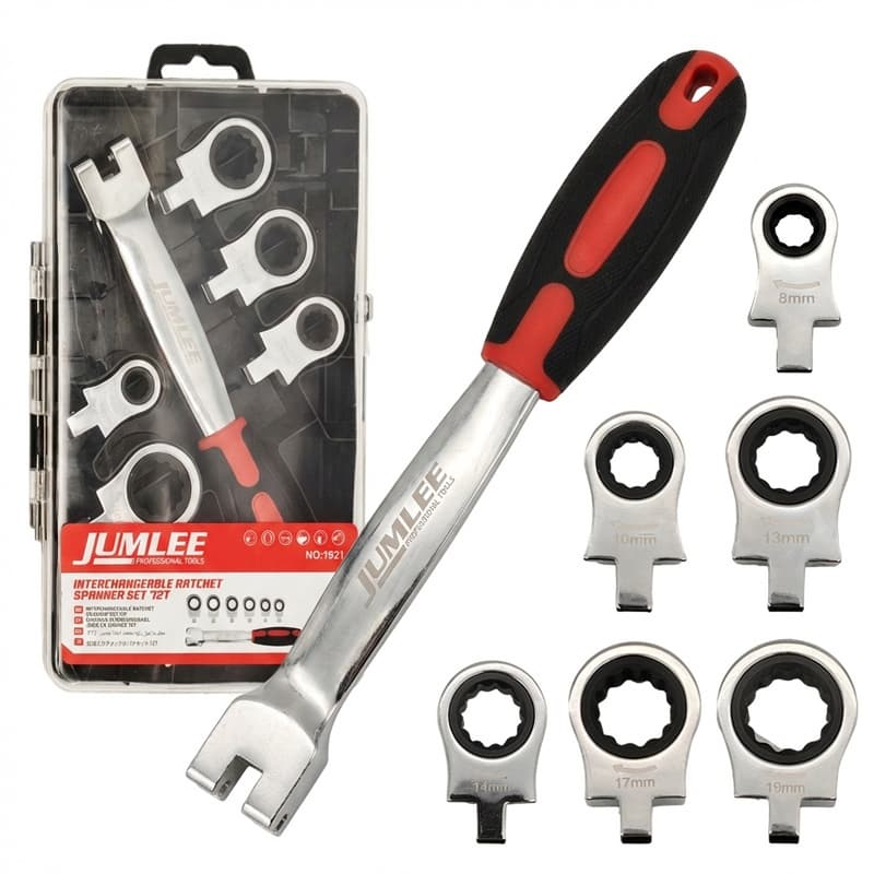 Chave de Catraca Articulada Flexível de 180° com 7 Cabeças Intercambiáveis Jogo de Ferramentas 8-19mm