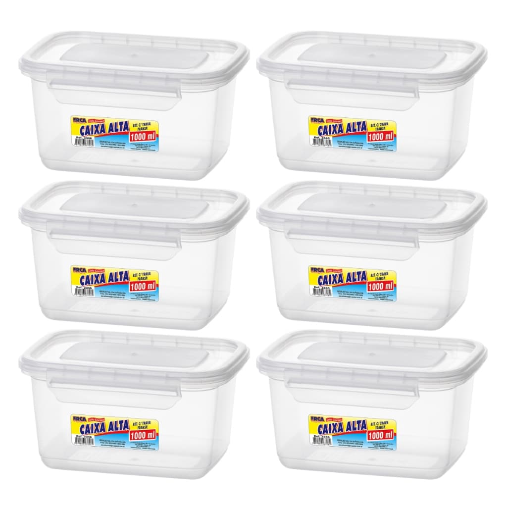 Kit 6 Potes Marmita 1 Litro Com Trava Organizador de Alimentos Microondas Freezer Fitness livre de bpa Transparente