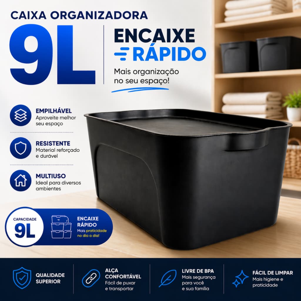 Caixa Organizadora 9L Preta Encaixe Rapido Brinquedos Roupas Sapatos Casa Quarto Banheiro