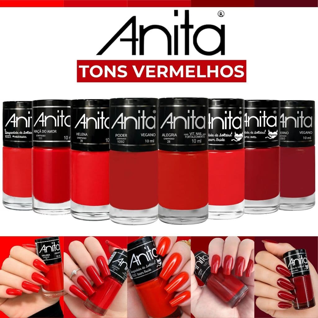 Kit 8 Esmaltes Anita Tons Vermelhos Vibrante Esmalte Atacado
