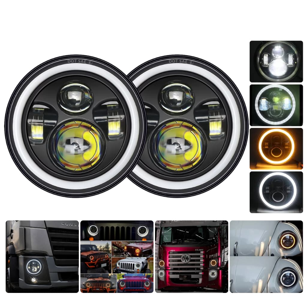 Kit 2 Farol Led Angel Eyes 7 Polegadas Redondo  2 PCS Jeep Fusca Troller Beetle Kombi 12v 24v DRL H4
