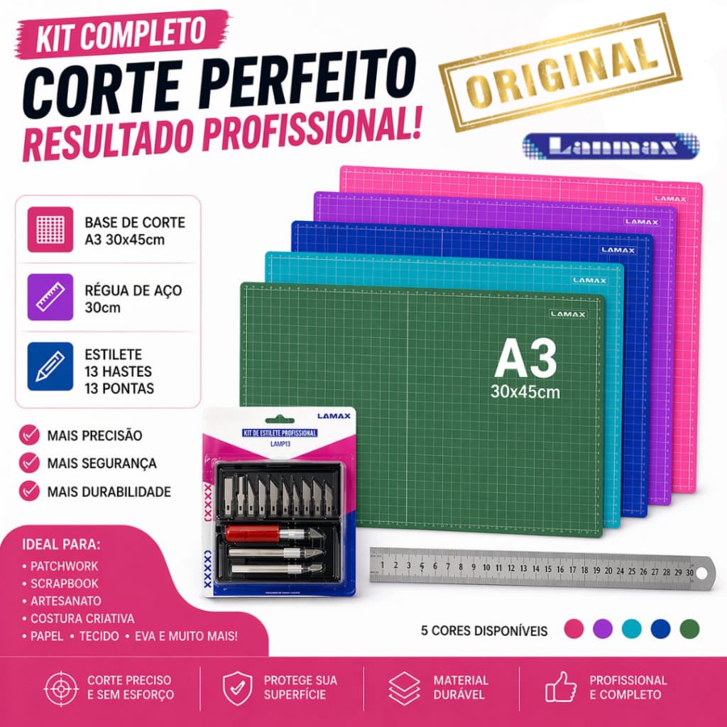 Kit Base de Corte A3 30x45 Lamax Original + Régua Aço 30cm + Kit Estilete 13 Pontas Profissional Patchwork Scrapbook Art