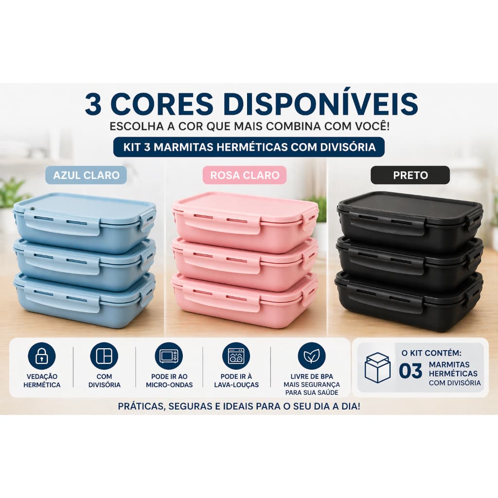 Kit 3 Potes Marmita Hermética 800ml Do Freezer Ao Micro Com Divisória