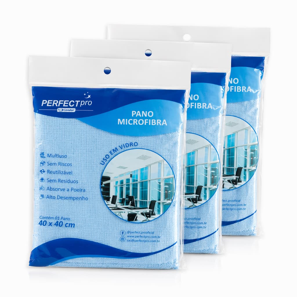 Kit 3 Panos Microfibra Limpa Vidros Telas Espelhos 40x40cm Azul Perfect Pro Condor Sem Fiapos