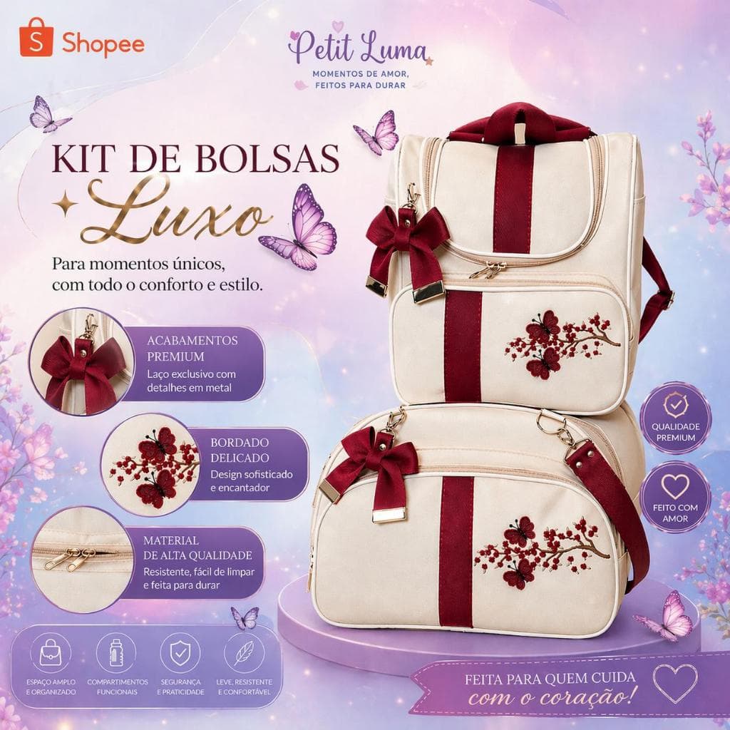 KIT BOLSA MATERNIDADE MENINA FLORES E BORBOLETAS. GRANDE, IMPERMEAVEL, COMPLETA, FÁCIL LIMPEZA -02 PEÇAS
