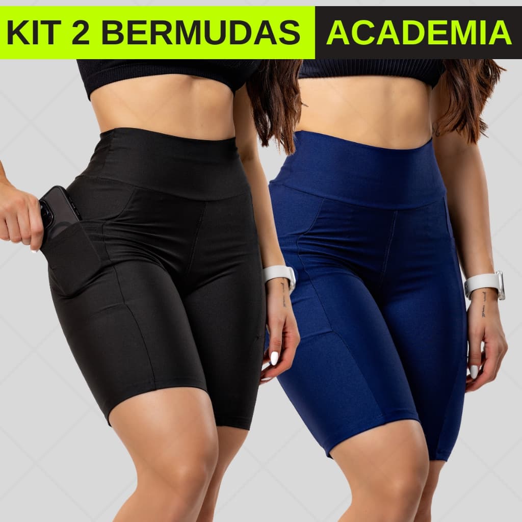 Kit 2 Shorts Feminino Com Bolso Fitness Short Bermuda Cintura Alta Corrida Roupa de Academia