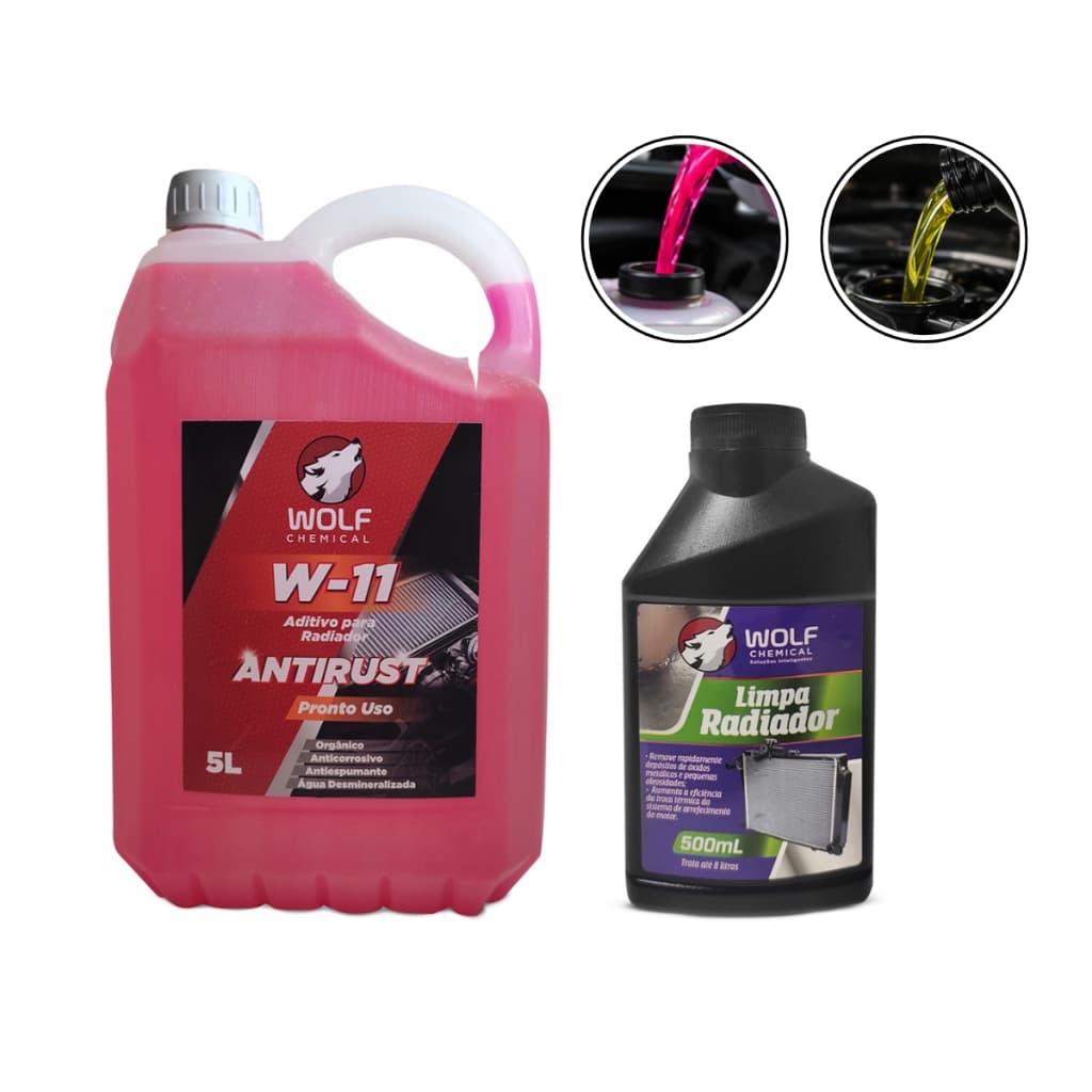 Aditivo Radiador Rosa Pronto para Uso Organico 5L Wolf e Limpa Radiador 500mL