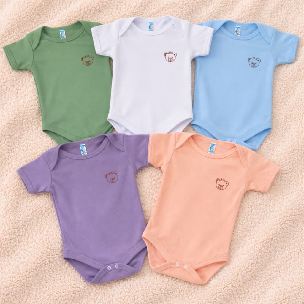 Kit 5 Body Bebê Manga Curta menino e menina Algodão Macio Estampado Ursinho Confortável
