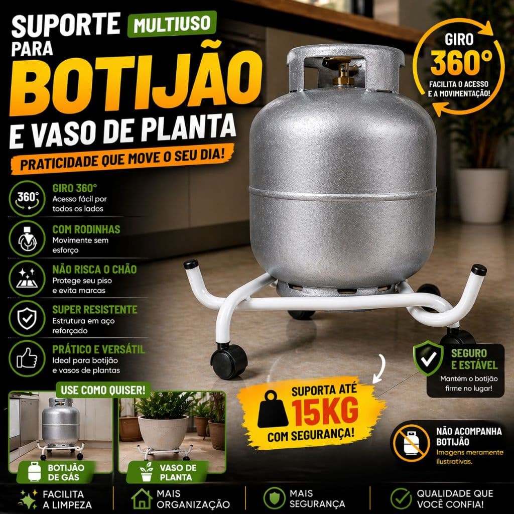 Suporte para Botijão de Gas e Plantas Branco com Rodinhas Giratorio 360º - Base Movel Reforçada