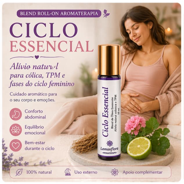 Blend Roll-On  Alívio da Cólica TPM Aromaterapia 10ml | Vetiver, Gerânio & Bergamota |  Para Ciclos Femininos