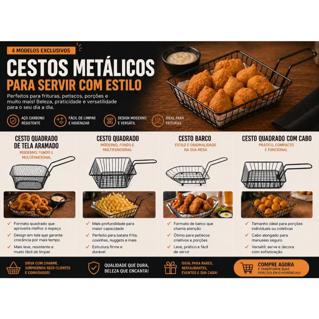 Cesta para Frituras, Serviços de Mesa com Alça - Metal Preto, Praticidade, Segurança e Elegância 4 Modelos disponíveis