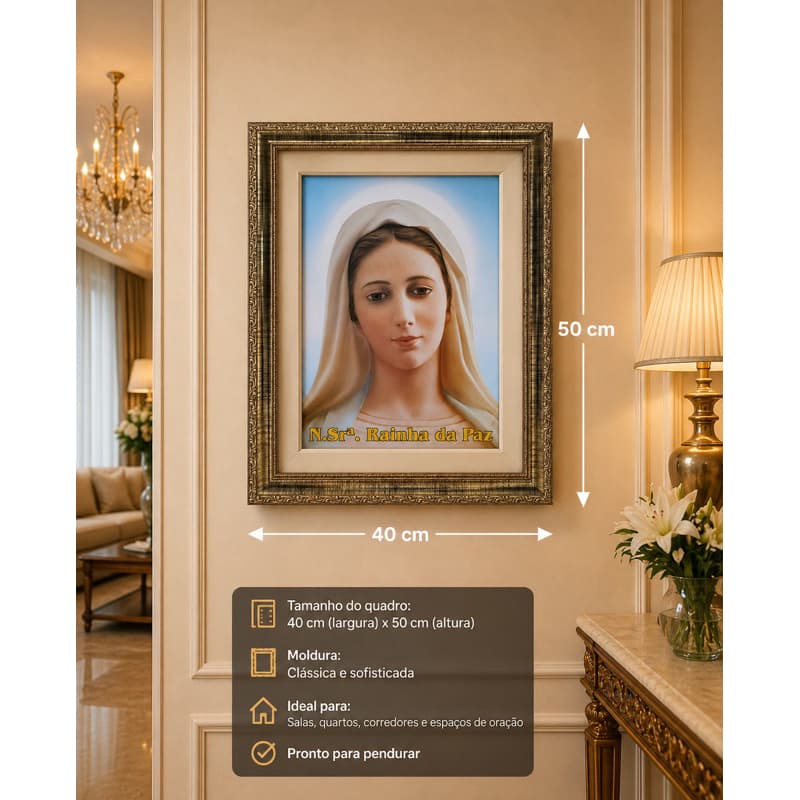 Quadro Nossa Senhora Rainha da Paz  – Quadro Resinado – 50x40 – Moldura Dourada