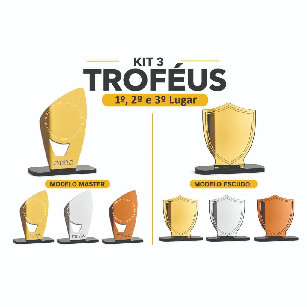 Kit - Trio de Troféus Espelhados Ouro Prata Bronze – Modelos Master e Escudo
