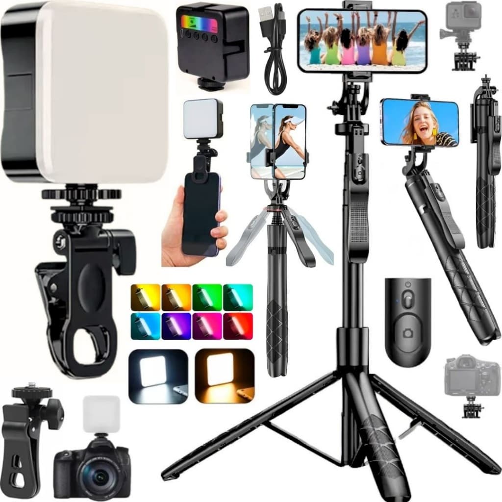 Bastão Tripé 170cm Luz Led Portátil Recarregável Para Celular Câmera Foto Vídeo Filmagem