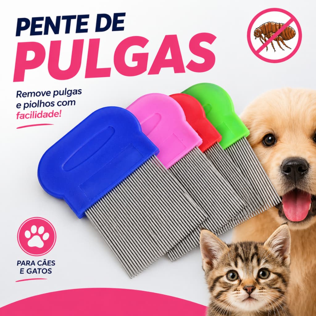 Pente Fino Tira Pulgas Anti Carrapatos Remelas Piolhos Remove Pelos Mortos de Pet Cachorro Gato