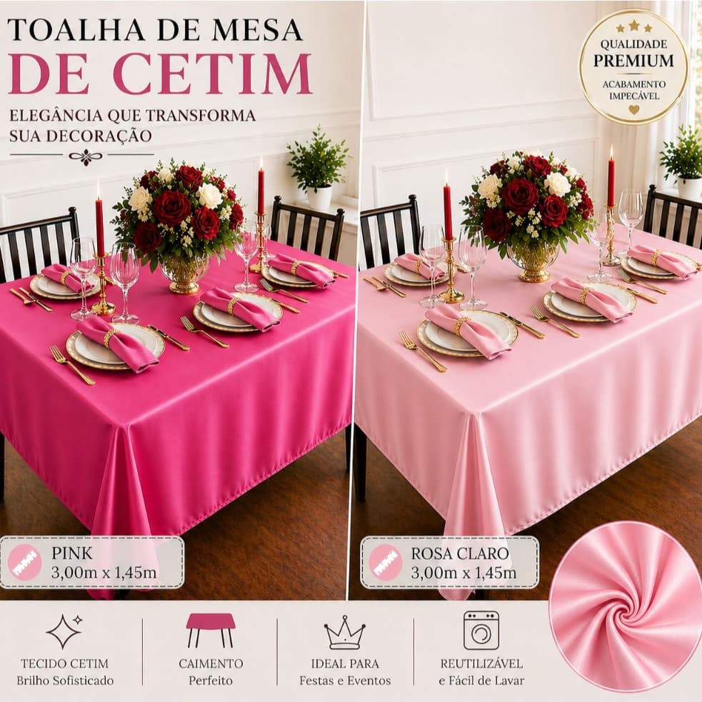 Kit 2 Toalhas de Mesa Cetim 3m x 1,45m Toalha Luxo Brilhante Eventos Casamento  Eventos Decoração